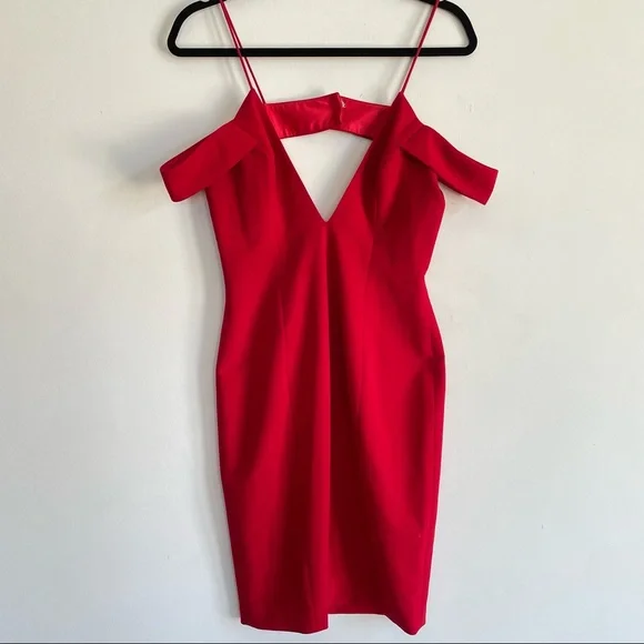 jay godfrey off the shoulder dress JAYGODREY Red Off the Shoulder Cocktail Dress Midi Spaghetti Strap Jay  Godfrey